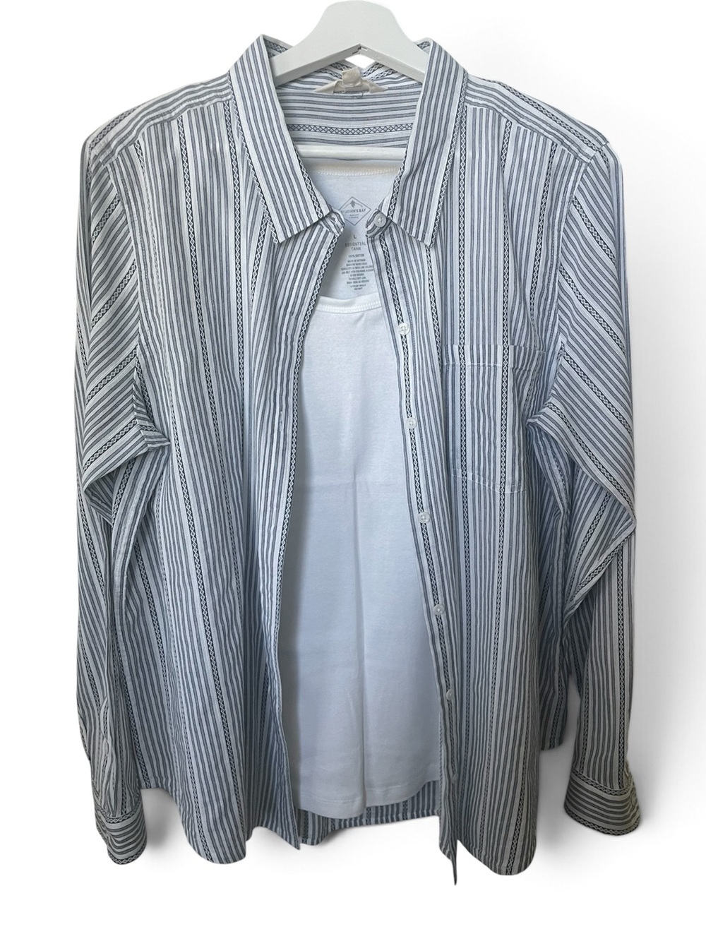 Lucky Brand Blue Striped 100% Cotton Button Down w/NWT White Tank Top Size L